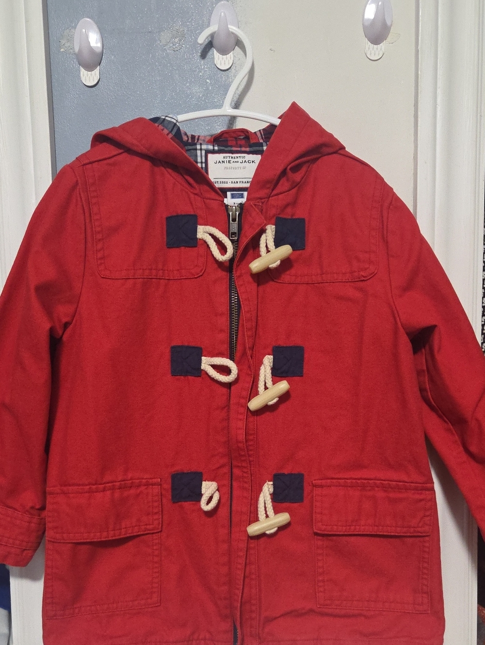 Janie and Jack Red Hooded Toggle Pea Coat with Navy Accents